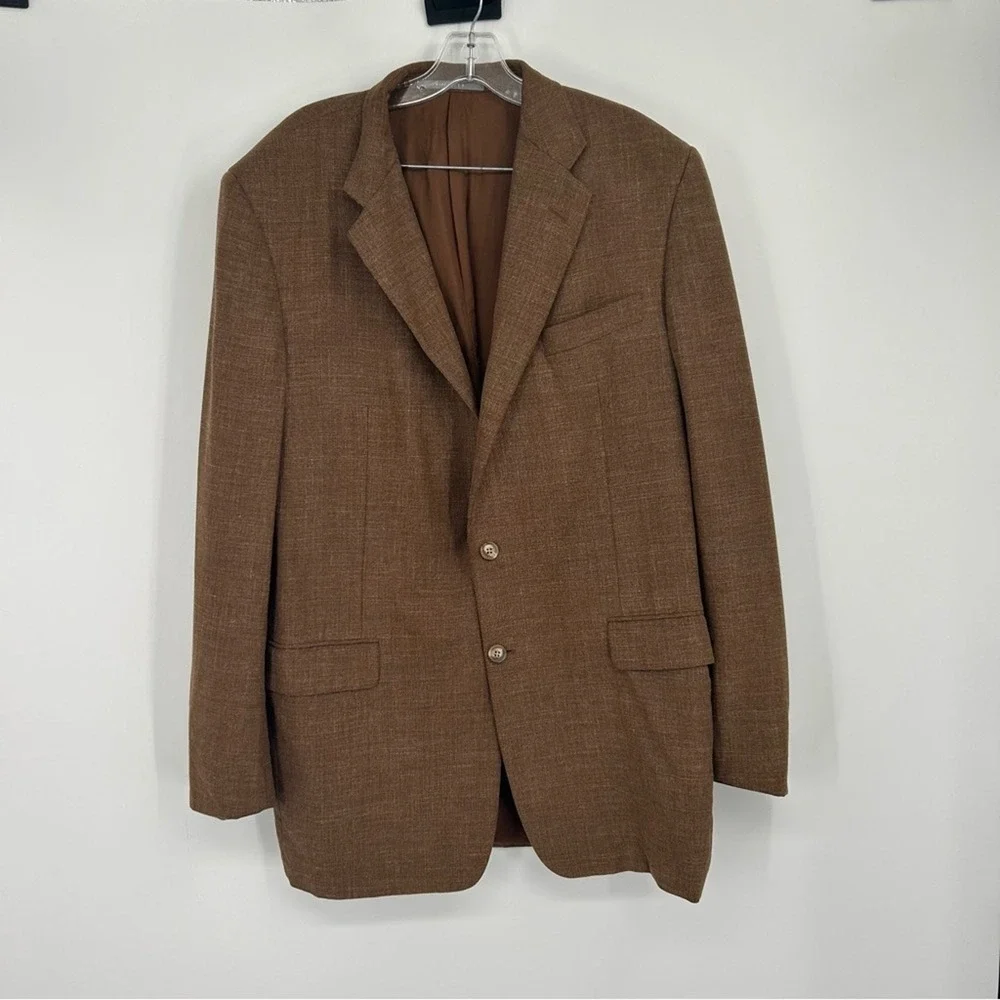 Hickey Freeman Brown Worsted Wool Silk Linen Blazer Size 43L Sport Coat Jacket